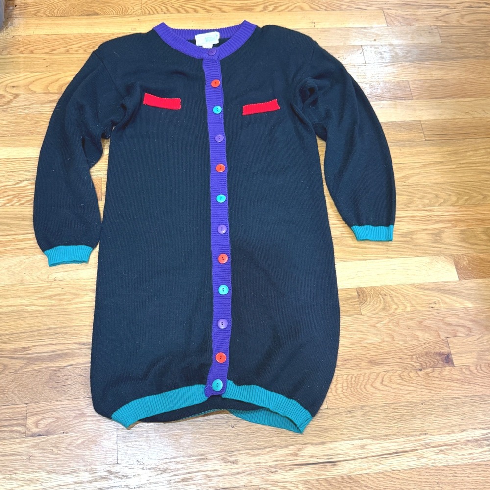 Vintage Mister Noah Colorblock Longline Cardigan Sweater Dress Black Large